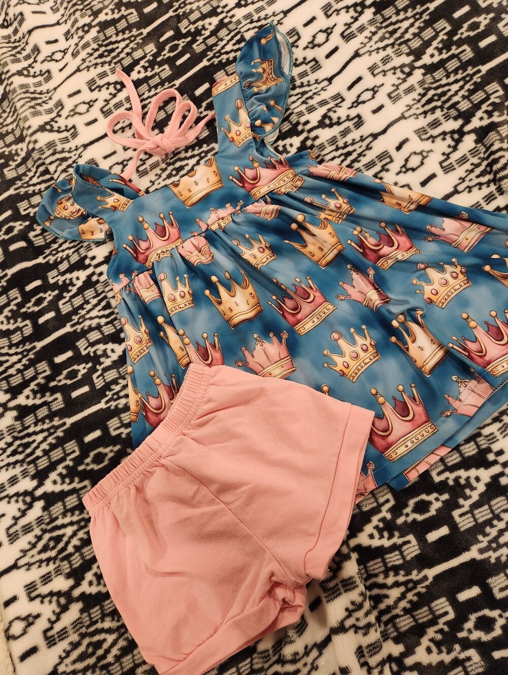 Girls Pink Cotton Shorts with Blue Crown Print Top, Size 4T